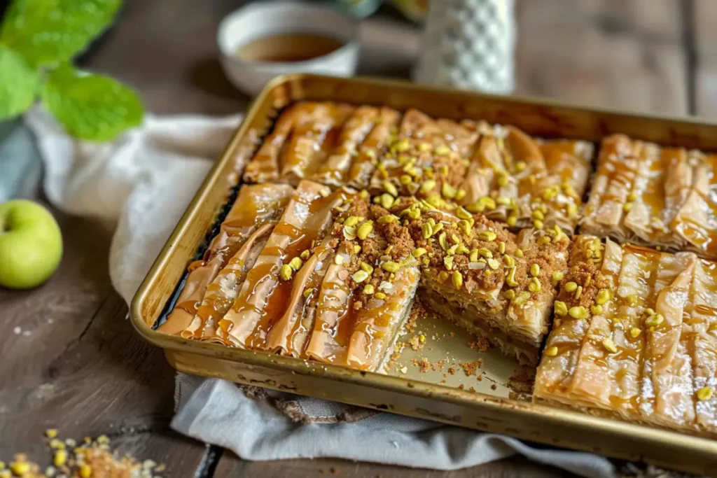 Close-up of golden Baklava Crinkle Cake with syrup and filo folds
