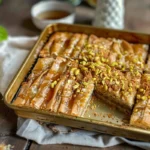 Close-up of golden Baklava Crinkle Cake with syrup and filo folds