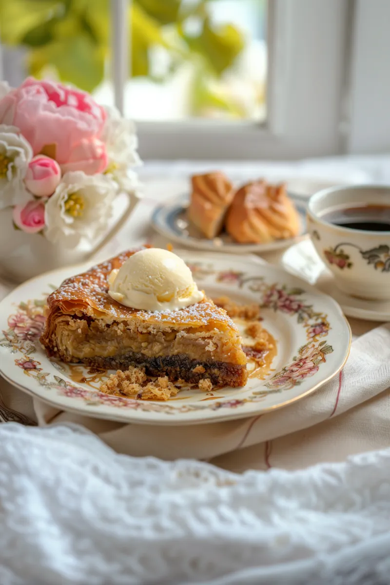 baklava-crinkle-cake-served Plated Baklava Crinkle Cake with ice cream and Turkish coffee