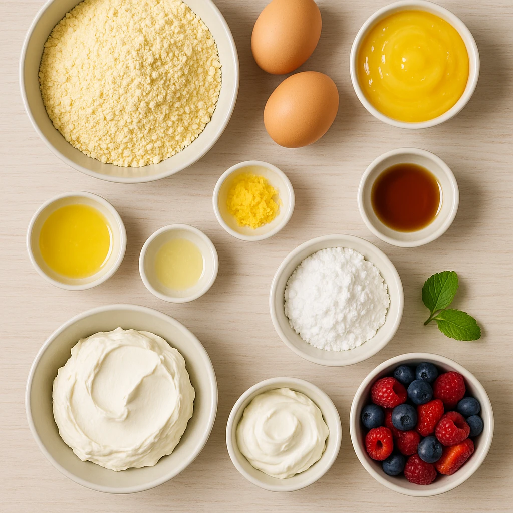 Ingredients for berry lemon cheesecake cookie cups on table