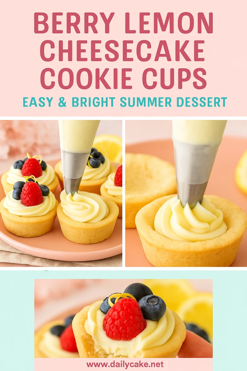 Pinterest pin for berry lemon cheesecake cookie cups recipe