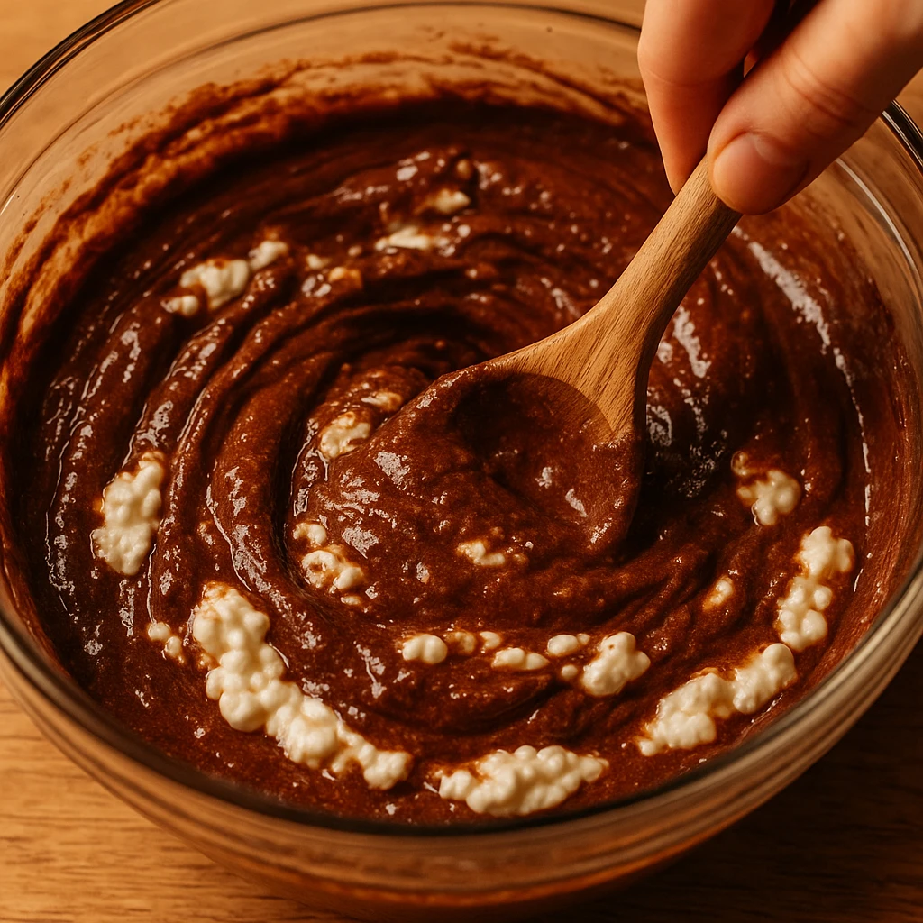 Mixing Chocolate Cake Cottage Cheese Batter mixing chocolate cake cottage cheese batter