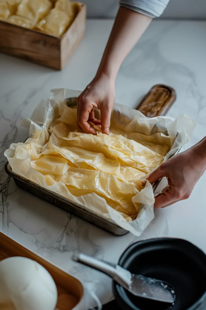 crinkling-filo-dough-baklava Crinkling filo dough into a pan for Baklava Crinkle Cake