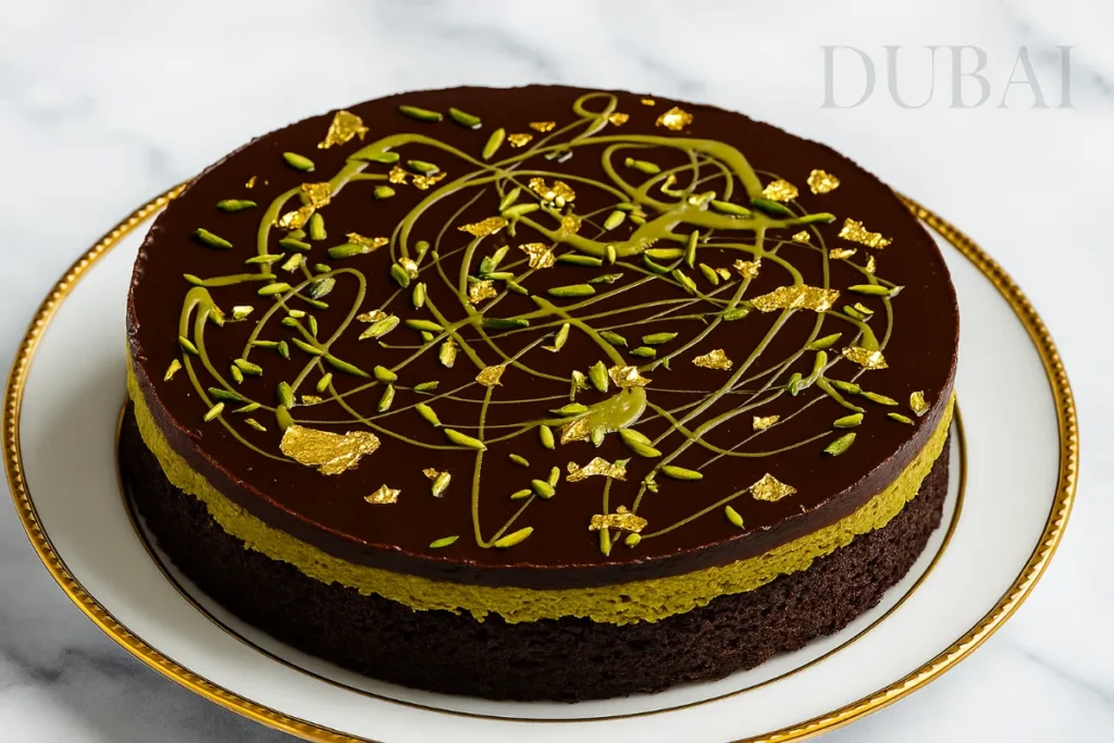 Dubai chocolate cake with ganache and gold leaf
