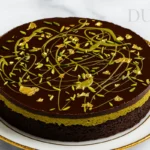 Dubai chocolate cake with ganache and gold leaf