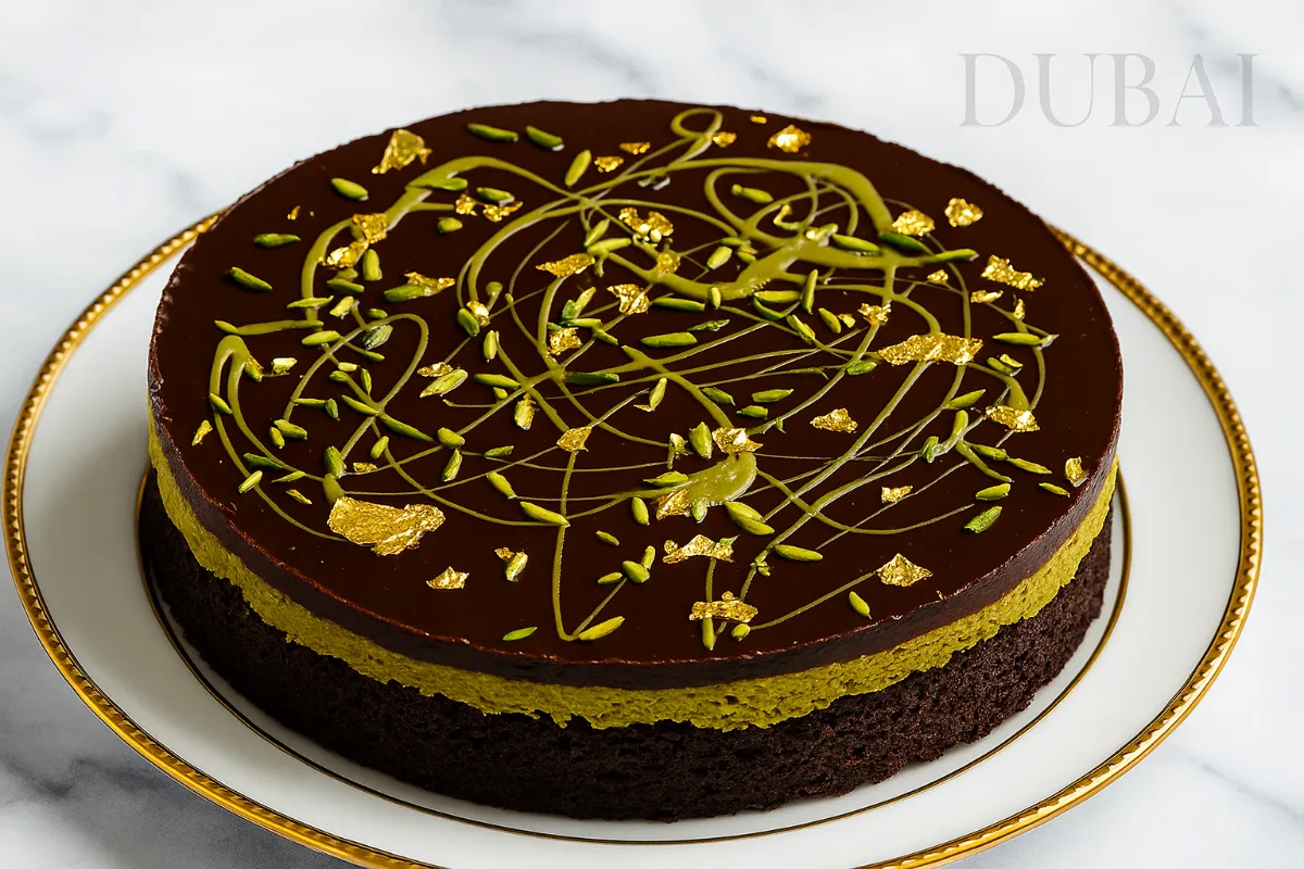 Dubai chocolate cake with ganache and gold leaf