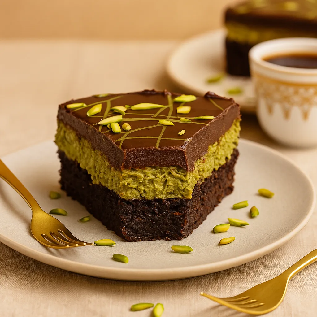 Sliced Dubai Chocolate Cake Served With Coffee Sliced Dubai chocolate cake served with coffee