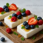 frozen Greek yogurt bars with berries and honey on wood board