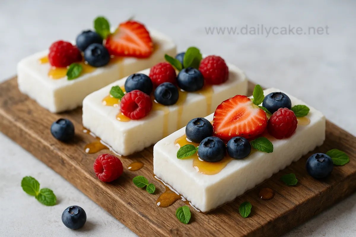 frozen Greek yogurt bars with berries and honey on wood board