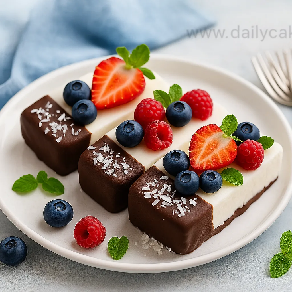 Served Frozen Greek Yogurt Bars With Chocolate Dip served frozen Greek yogurt bars with chocolate dip