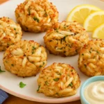 Gluten free crab cakes on a plate with dipping sauce