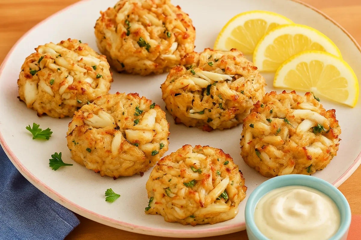 Gluten free crab cakes on a plate with dipping sauce