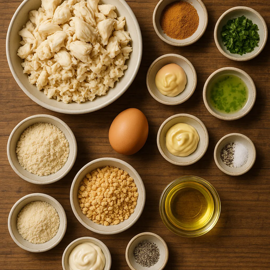 Ingredients for gluten free crab cakes arranged on a table