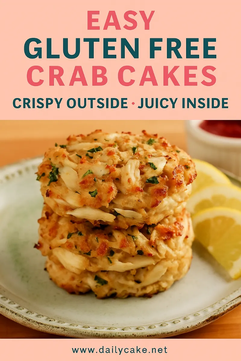 Pinterest graphic of gluten free crab cakes with title overlay