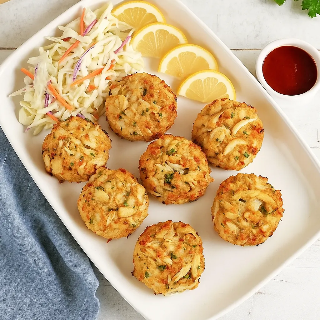 Plated gluten free crab cakes with sides and lemon