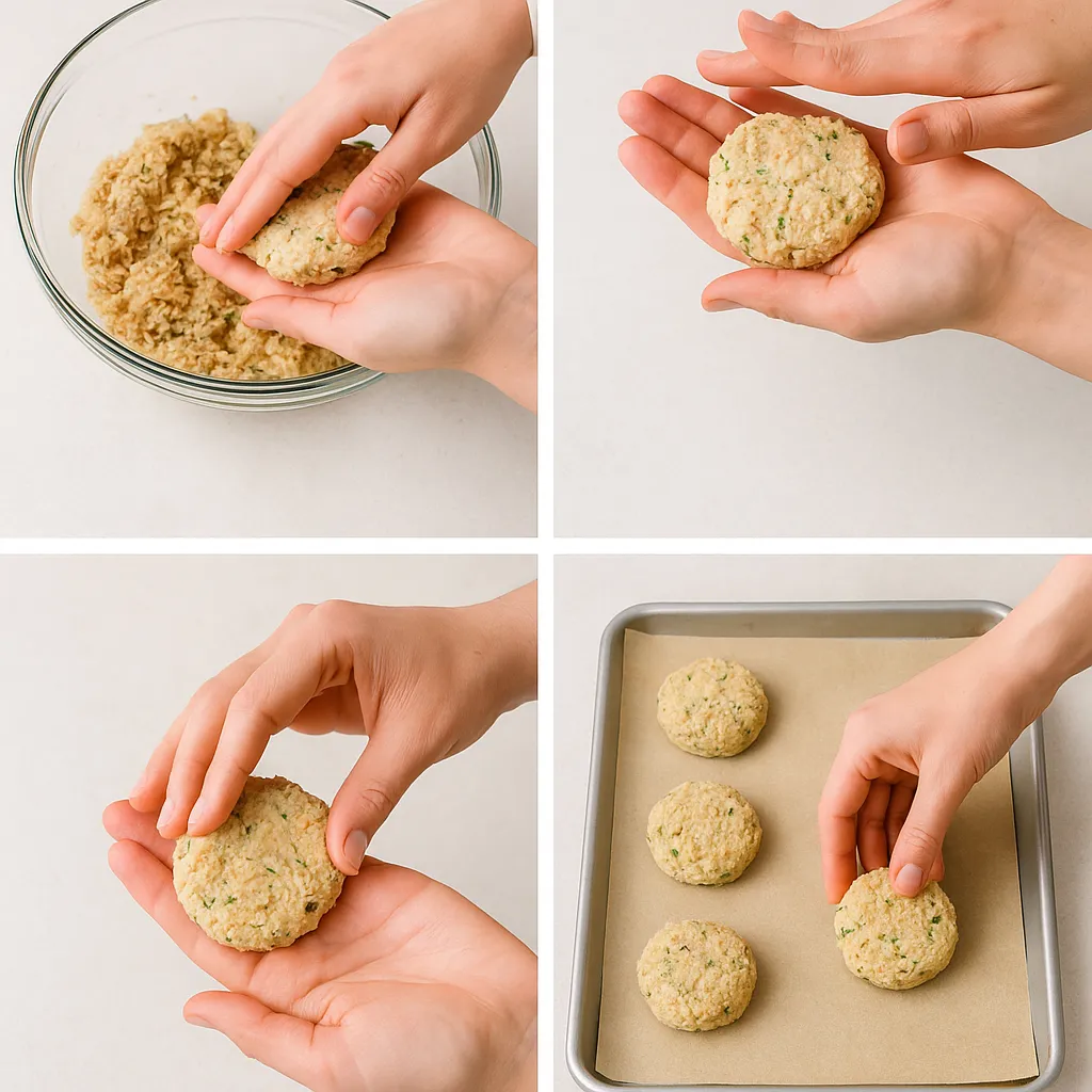 Gluten free crab cakes being formed on parchment paper