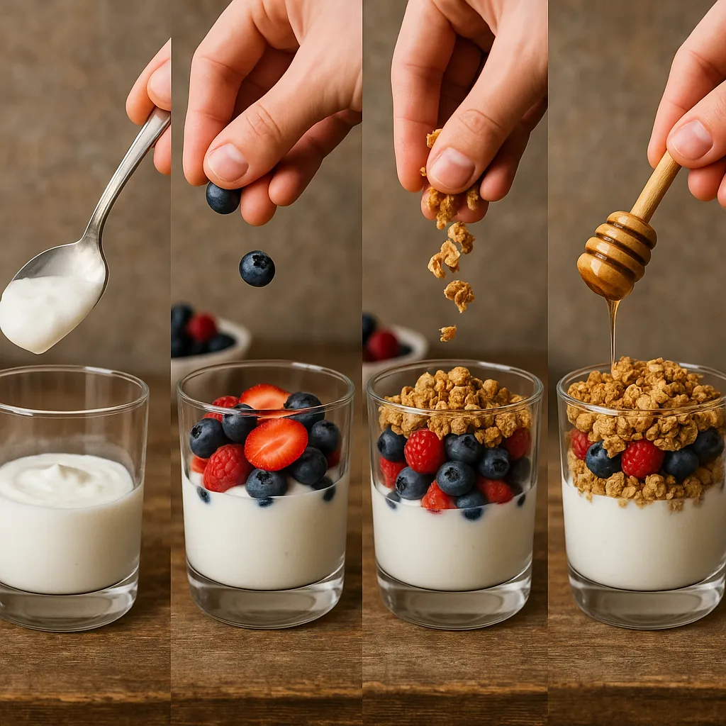 greek-yogurt-parfait-step Assembling a Greek yogurt parfait in a glass