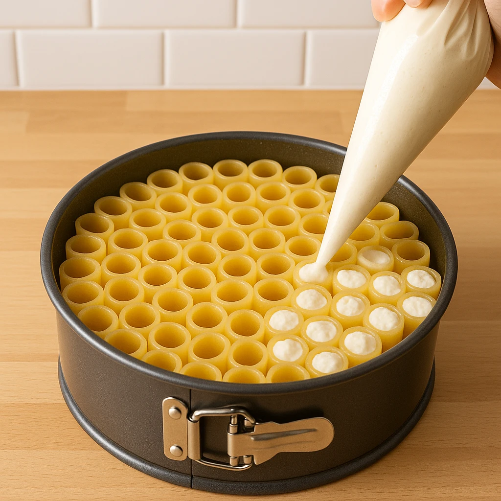 Rigatoni pasta being assembled into honeycomb pasta cake