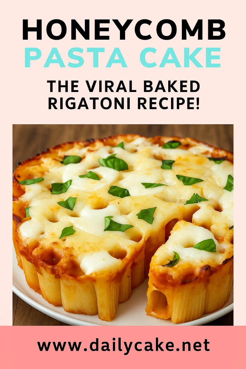 Honeycomb pasta cake Pinterest pin with title and image