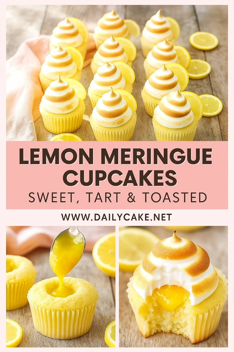 Lemon meringue cupcakes Pinterest pin with recipe visuals