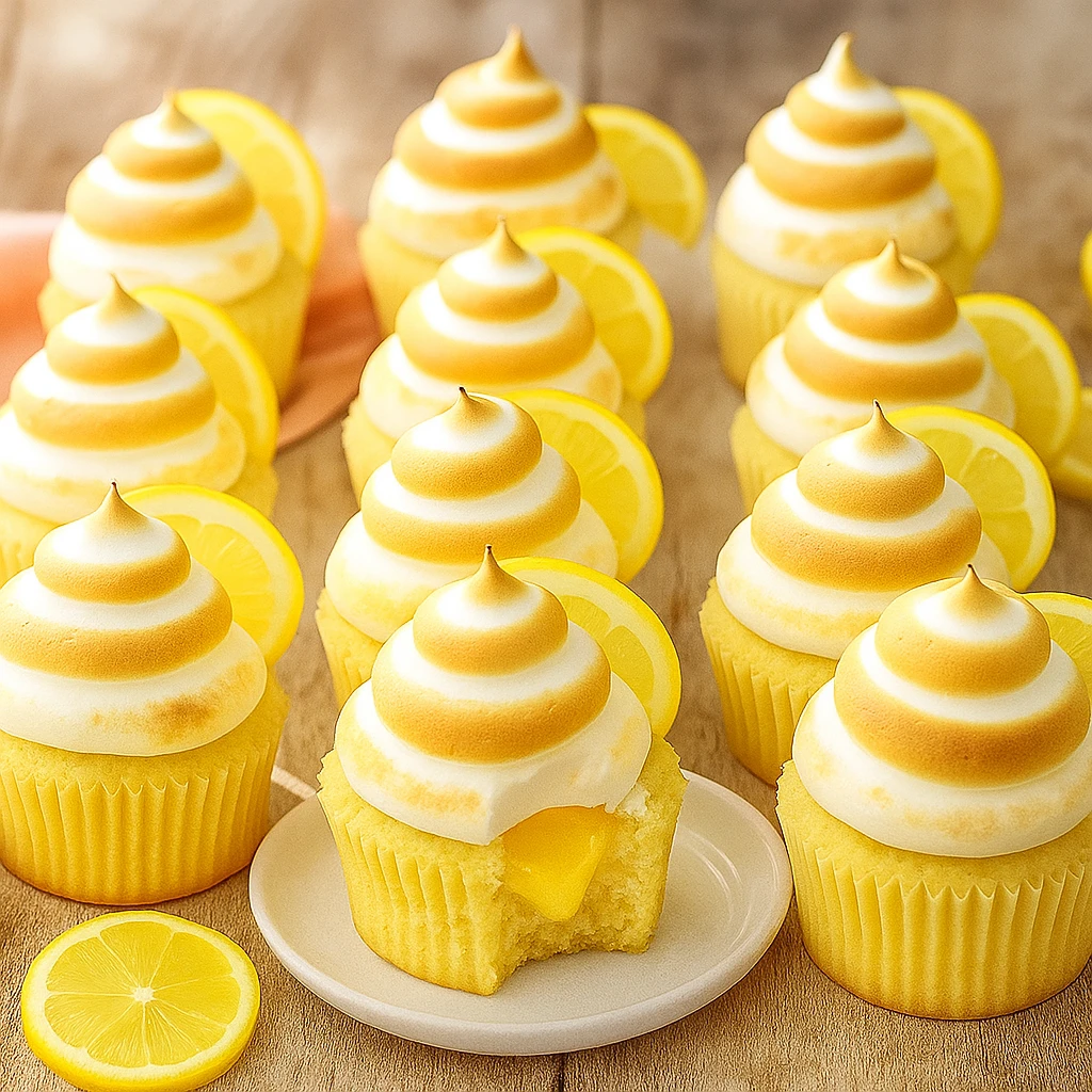 Inside view of lemon meringue cupcake with filling
