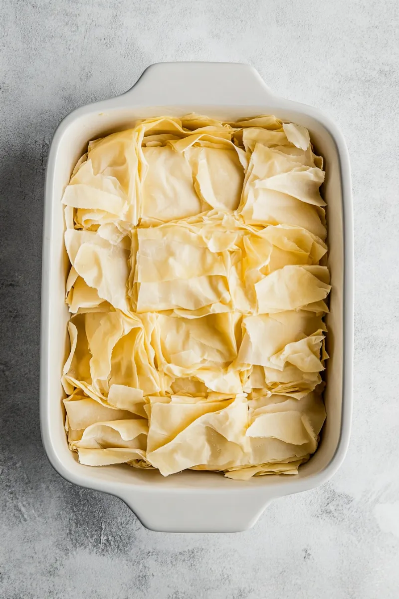 crinkled phyllo dough in baking dish