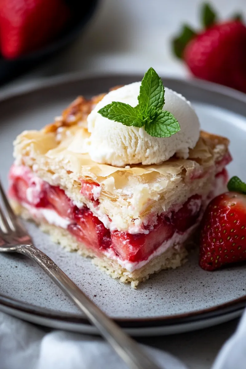 plated strawberry phyllo crinkle cake