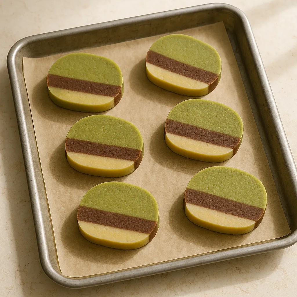 Sliced matcha neapolitan sugar cookie dough