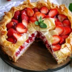 strawberry phyllo crinkle cake on rustic table