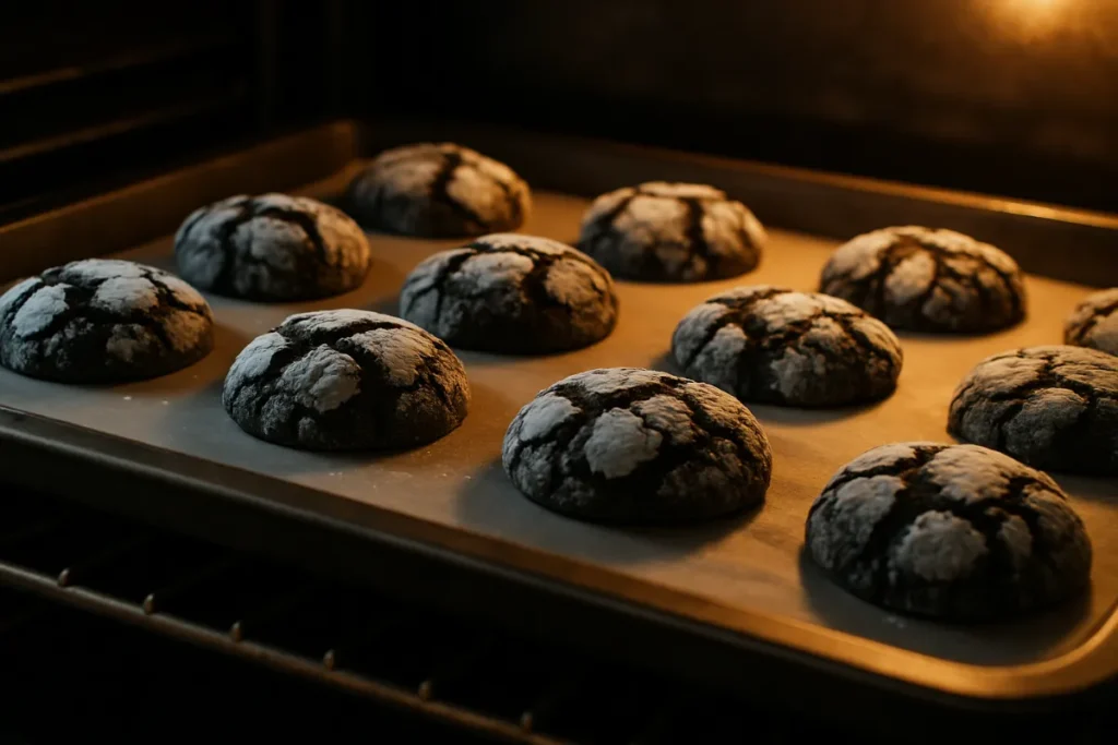 black cocoa crinkle cookies baking in oven