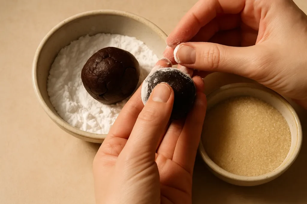 rolling black cocoa cookie dough in powdered sugar