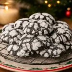 finished black cocoa crinkle cookies cooling on rack