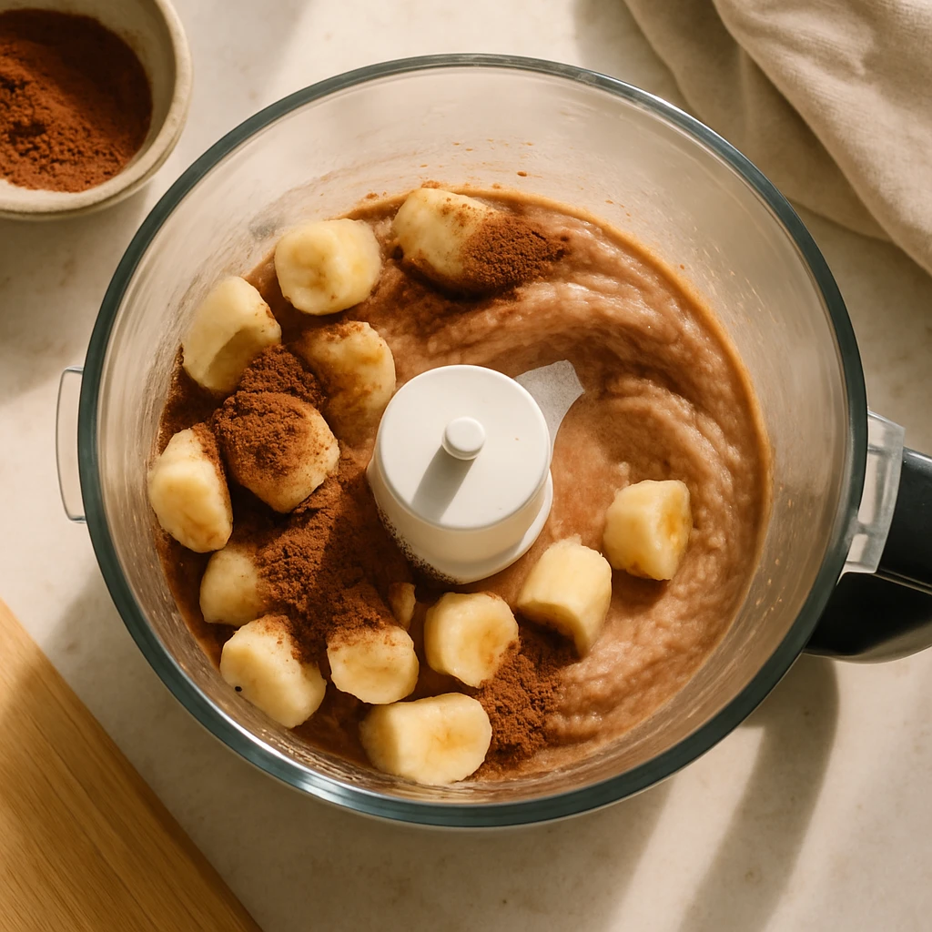 Blending frozen bananas and cocoa for chocolate banana nice cream