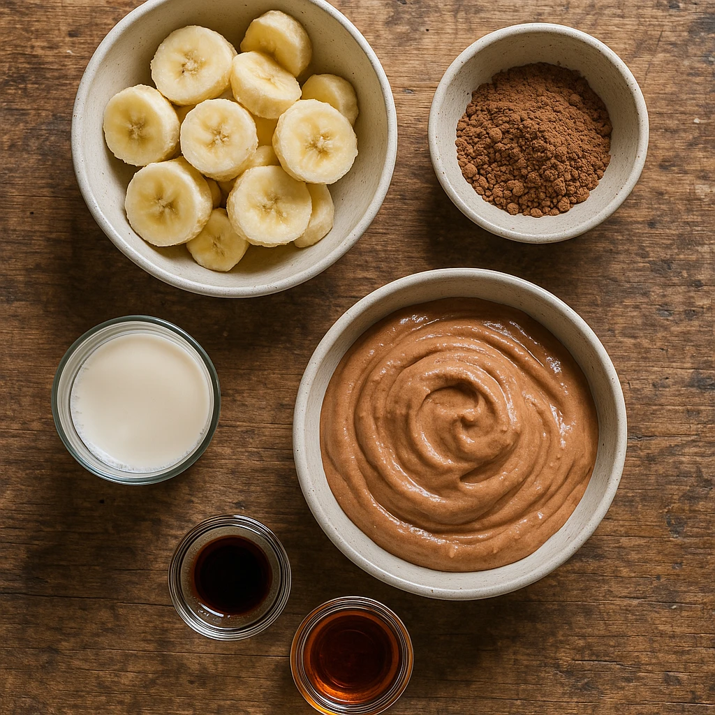 Ingredients for chocolate banana nice cream including bananas and cocoa