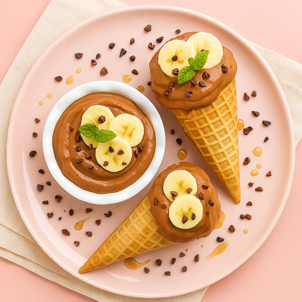 Chocolate banana nice cream scooped into cones and bowls