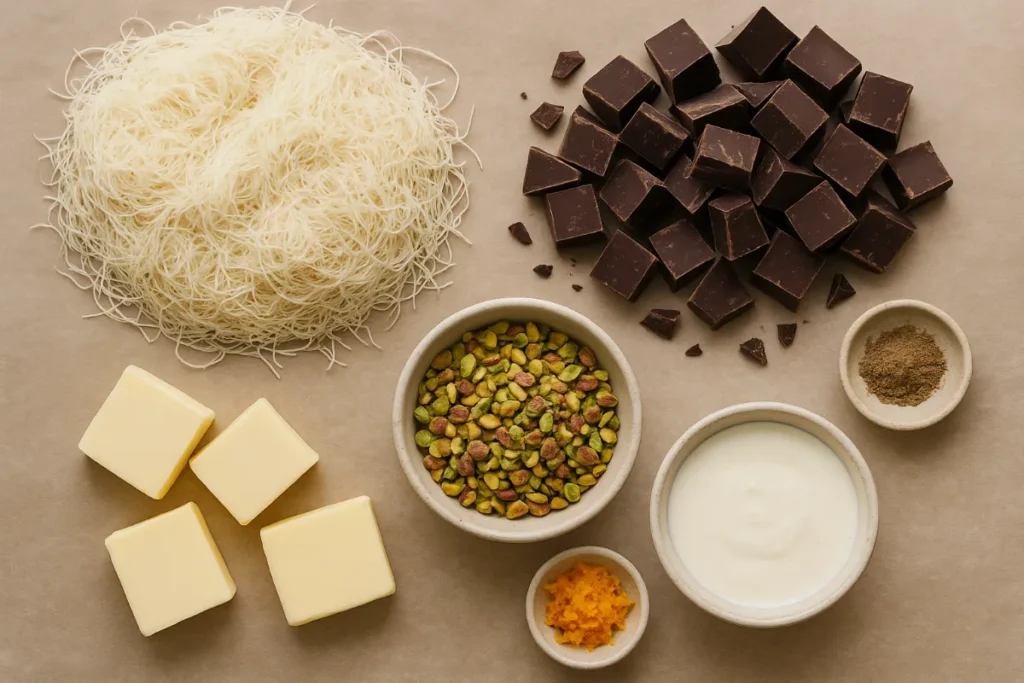 ingredients for chocolate pistachio kataifi cake on flat surface