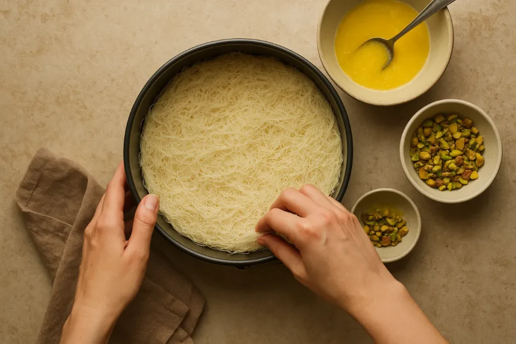 assembling kataifi cake layers with pistachio and chocolate