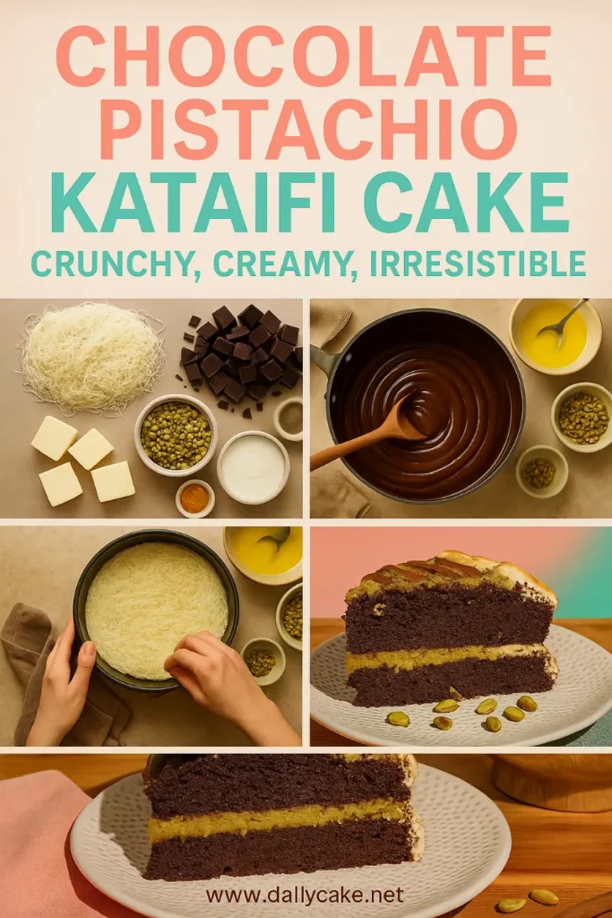 step-by-step chocolate pistachio kataifi cake Pinterest graphic with ingredients, baking, and final slice