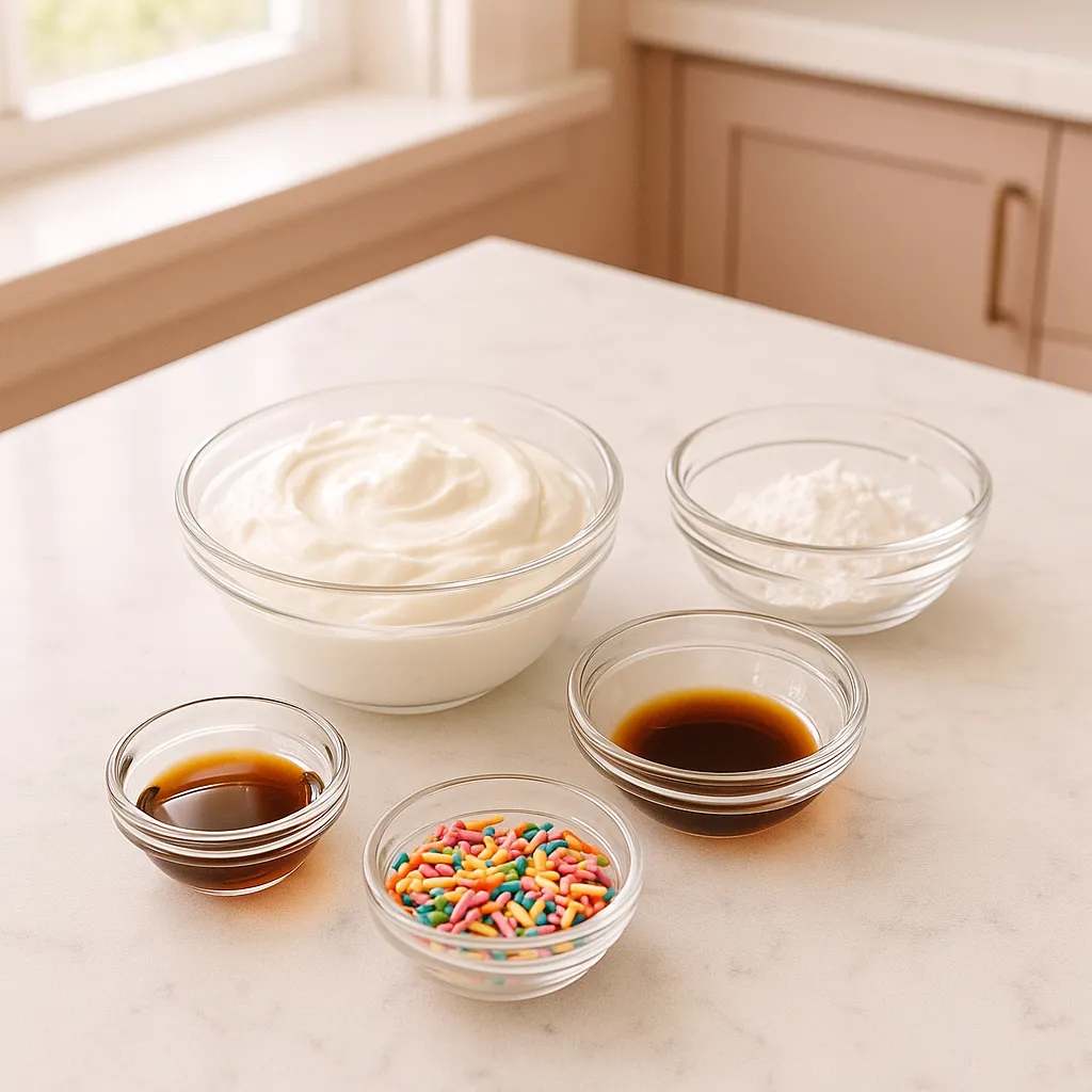 Ingredients for confetti yogurt frosting in glass bowls