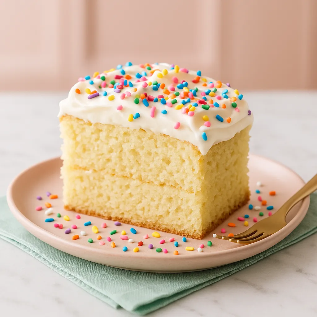 Vanilla cake slice with confetti yogurt frosting and sprinkles