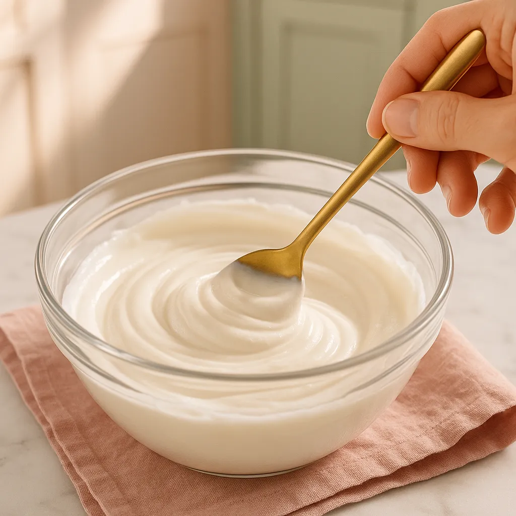 Whisking thick yogurt frosting mixture in glass bowl