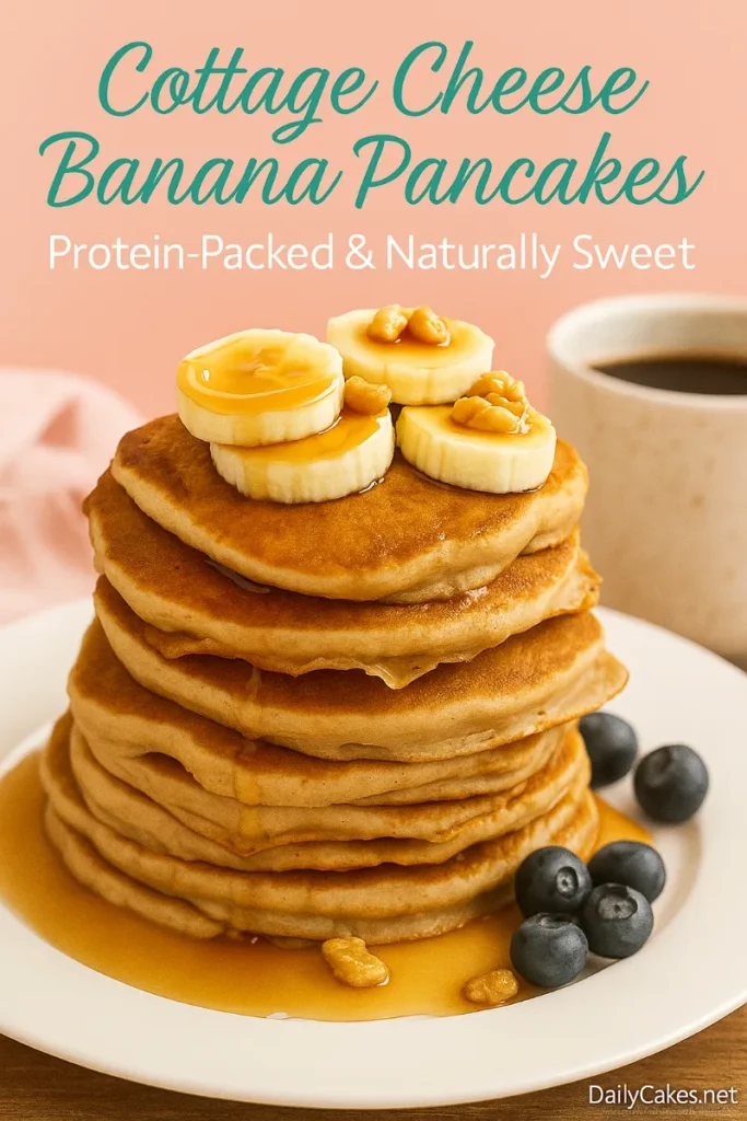 Tall stack of cottage cheese banana pancakes with banana slices and syrup in pastel kitchen setting