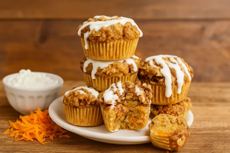 cottage cheese carrot cake muffins stacked on a plate with grated carrots and cottage cheese on a rustic kitchen table