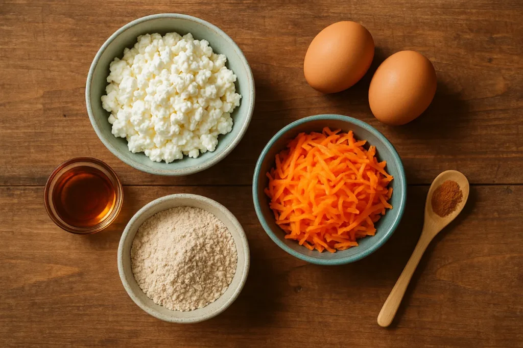 flat lay of cottage cheese, carrots, eggs, flour, and maple syrup for carrot cake muffins