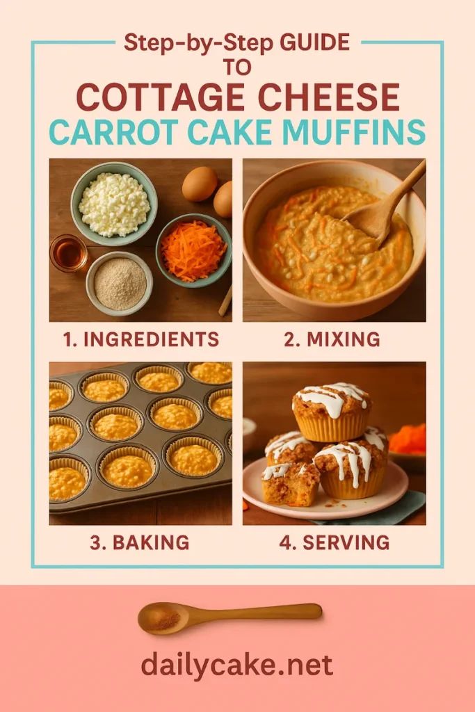 pinterest graphic showing step-by-step cottage cheese carrot cake muffins recipe