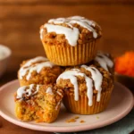 cottage cheese carrot cake muffins stacked on a plate with grated carrots and cottage cheese on a rustic kitchen table
