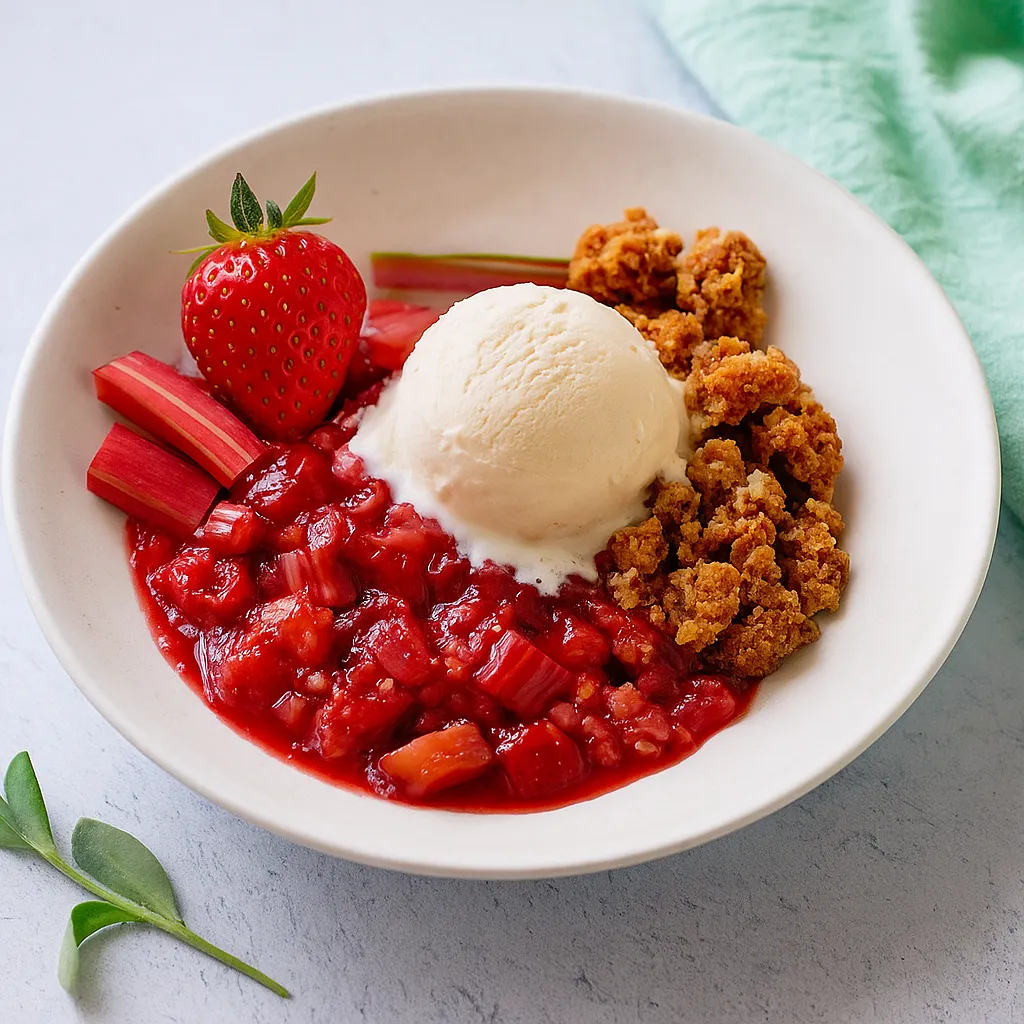 Served gluten free strawberry rhubarb crisp with vanilla ice cream
