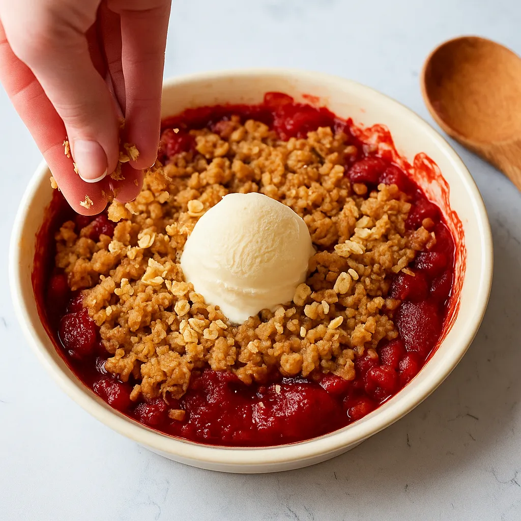 Sprinkling oat topping over gluten free strawberry rhubarb crisp