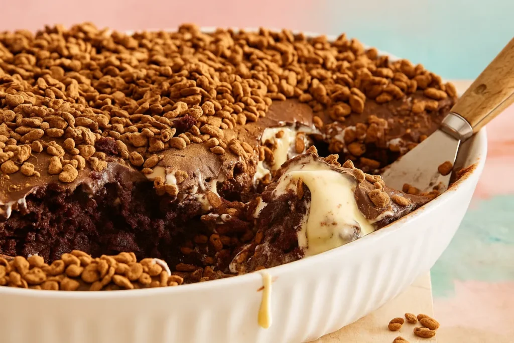 Close-up of a gooey chocolate and vanilla ice cream cake topped with crunchy chocolate cereal.