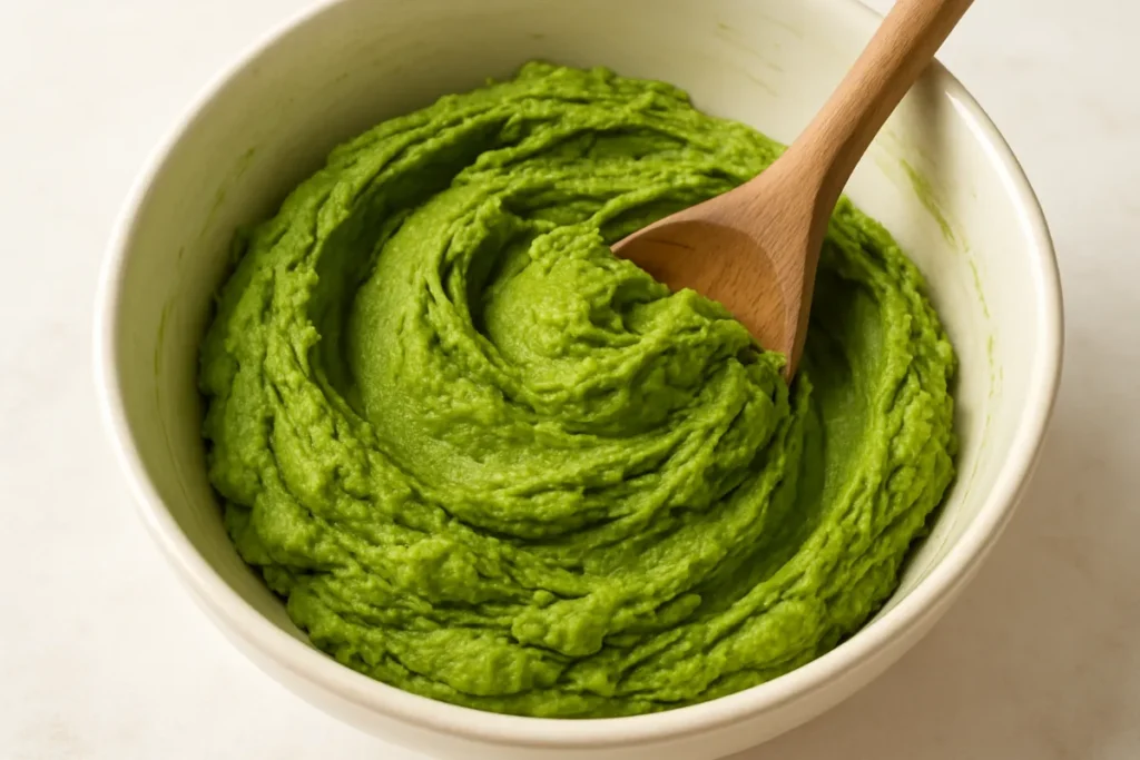 matcha cookie dough being mixed in bowl